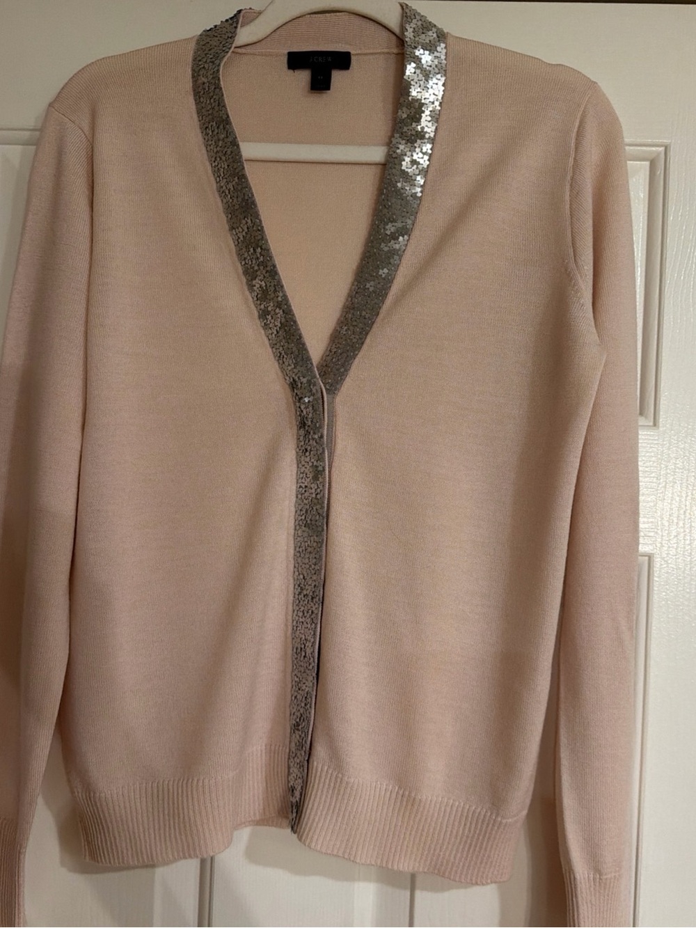 NWOT J. Crew Pale Pink Cardigan with Silver Sequin Trim Size M 100% Merino Wool